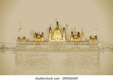 Travel background in vector format. Modern stylish painting with watercolor and pencil. The Hungarian Parliament Building with bright and beautiful illumination at night.