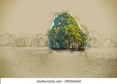 Travel background in vector format. Modern stylish painting with watercolor and pencil. Beautiful view on limestone rocks of Ha Long Bay, one of the main travel destinations in Vietnam