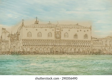 Travel background in vector format. Modern stylish painting with watercolor and pencil. Piazza di San Marco view on Piazza di San Marco from a boat.