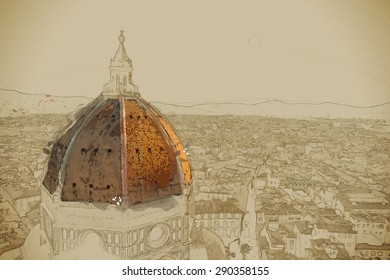 Travel background in vector format. Modern stylish painting with watercolor and pencil. The Basilica di Santa Maria del Fiore (Basilica of Saint Mary of the Flower) in Florence, Italy