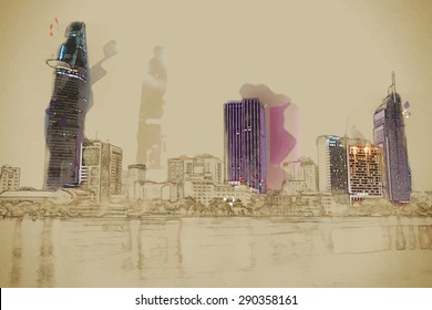 Travel background in vector format. Modern stylish painting with watercolor and pencil. Cityscape of Ho Chi Minh at night with bright illumination of modern architecture.