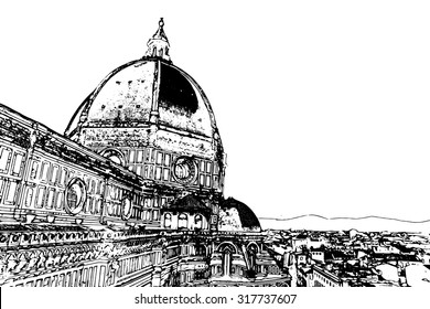 Travel background in vector format. Modern stylish painting with watercolor and pencil. The Basilica di Santa Maria del Fiore (Basilica of Saint Mary of the Flower) in Florence, Italy