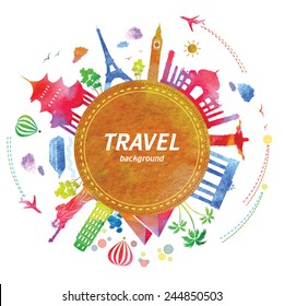 Travel Background With Watercolor Effect. Vector.