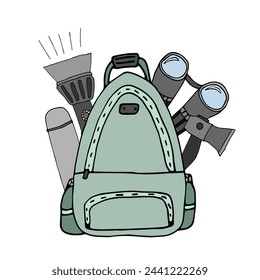 Travel backpack with binoculars, axe, lights, thermos.Traveling tools. Hiking in mountains, forest. Colored doodle illustration isolated on white background. Cute hand drawn sketch in bright colors.