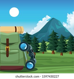 travel backpack and binoculars over nature landscape background, colorful design, vector illustration
