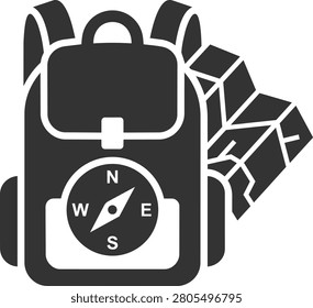 Travel backpack with built-in compass and folded map symbol representing hiking, outdoor exploration, navigation, camping, trekking, and adventure planning