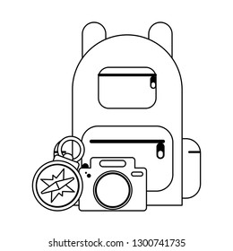 travel backpack camera and compass in black and white