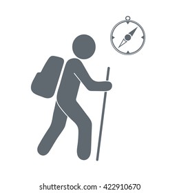 travel backpack and compass icon, vector tourist icon, isolated tourist with backpack