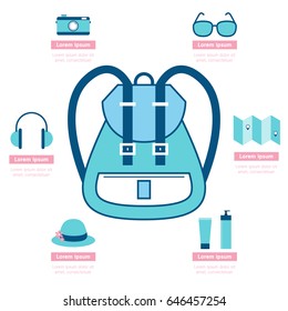 Travel backpack design concept infographic template.