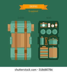Travel backpack with equipment, infographics.