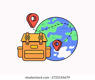 Mochila de viaje frente a un globo terráqueo con líneas de ruta y pines de mapa. Diseño divertido y juguetón que representa la aventura, las vacaciones y la exploración de un nuevo destino Vector de ilustración de dibujos animados