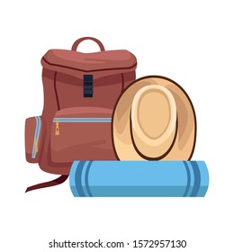 travel backpack with hat and sleeping bag over white background, vector illustration