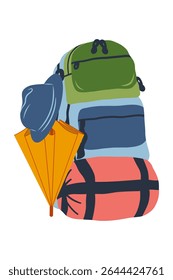 Travel backpack illustration. Hiking gear. Leisure. Equipped backpack for mountain hiking. Vector illustration.