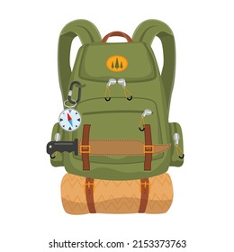 Travel backpack. Illustration of a travel backpack and various things on it. Vector illustration