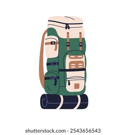 Mochila de viagem com vários bolsos e tapete laminado. Mochila embalada, haversack para caminhadas e acampamento. Saco de trekking, bagagem de mochila, bagagem. Ilustração de vetor plano isolada no plano de fundo branco