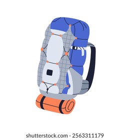 Travel backpack with rolled mat. Rucksack, haversack for hiking and camping. Survival bag, knapsack, touristic baggage packed with supplies. Flat vector illustration isolated on white background