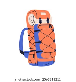 Travel backpack with rolled mat. Rucksack, haversack baggage for hiking and camping. Survival trekking bag, knapsack, large touristic luggage. Flat vector illustration isolated on white background