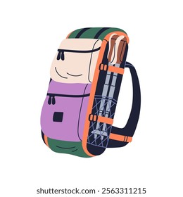 Travel backpack, rucksack. Hiking bag, packed haversack. Survival luggage, baggage, touristic camping knapsack with pockets, straps. Flat graphic vector illustration isolated on white background