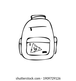 Travel backpack or school backpack. Doodle vector illustration, simple cartoon line art. Isolated, mockup template.
