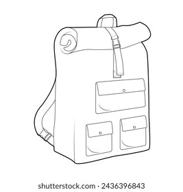 Travel backpack silhouette bag. Fashion accessory technical illustration. Vector schoolbag 3-4 view for Men, women, unisex style, flat handbag CAD mockup sketch outline isolated