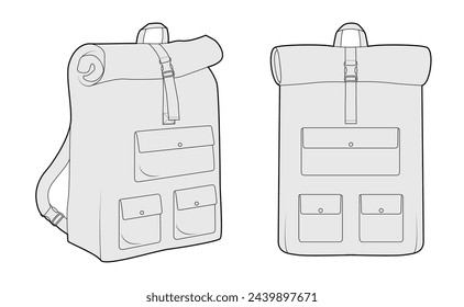 Bolso de la silueta de la mochila de viaje. Ilustración técnica de accesorios de moda. Vector bolso escolar frente 3-4 vista para hombres, mujeres, estilo unisex, bolso plano CAD mockup sketch contorno aislado