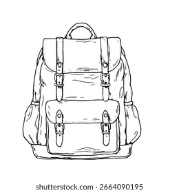 Mochila de viagem com alças e bolsos, esboço preto e branco. Ilustração vetorial. Mochila escolar isolada sobre um fundo branco. Bolsa de viagem para viagens e aventuras rodoviárias