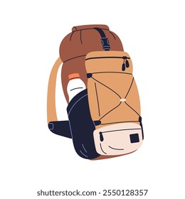 Travel backpack. Survival bag for hiking, trekking and camping. Adventure and mountaineering rucksack. Tourists knapsack, luggage, baggage. Flat vector illustration isolated on white background