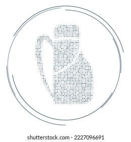 Símbolo de la mochila de viaje lleno de puntos azul oscuro. Estilo de puntillismo. Ilustración del vector sobre fondo blanco