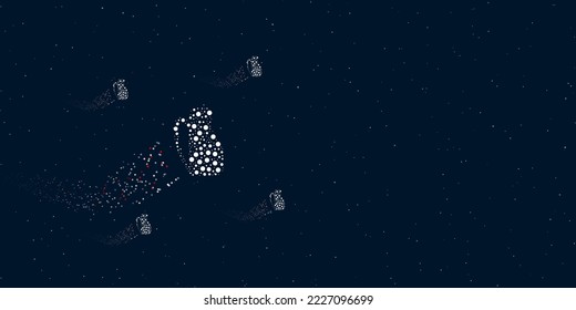 A travel backpack symbol filled with dots flies through the stars leaving a trail behind. There are four small symbols around. Vector illustration on dark blue background with stars