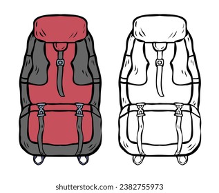 Travel backpack. Tourist equipment. Active lifestyle. Vector isolated art illustration. Sketch black and white and color. Hand drawn line