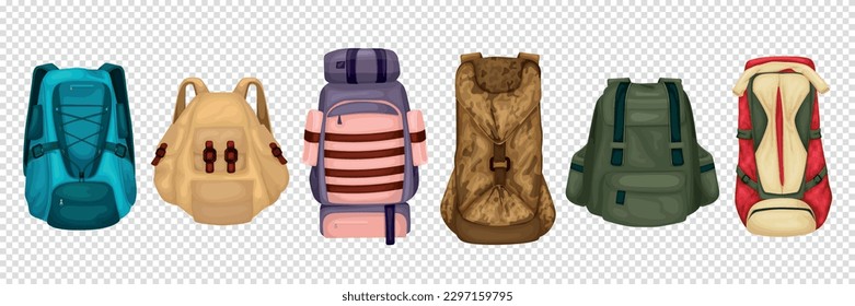 Reisen-Rucksack, transparenter Satz verschiedener Farben Modelle und Formen von Handtaschen einzelne Vektorgrafik