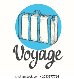 Travel backpack. Vector hand-drawn bag. Illustration in sketch style on white background. Brush calligraphy elements for your design. Handwritten ink lettering.