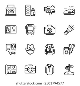 Conjunto de iconos de mochilero de viaje. Incluye avión, linterna, gopro, mapa, señal de tráfico, impermeable y más. Colección de Vector de iconos de contorno.