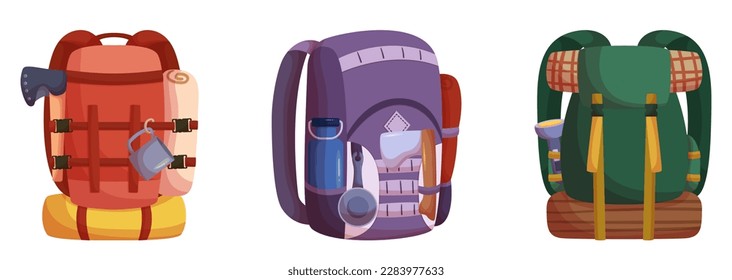 Travel Backpacks, Durable, Lightweight, Equipped With Ample Compartments For Carrying Essentials While Traveling. Packs With Sturdy Straps And Comfort Ergonomic Designs. Cartoon Vector Illustration