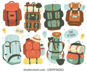 Travel backpacks flat illustrations set. Hiking backpacks and equipment for camping. Ax, bottle of water, cauldron. Camping bag for overnight stay. Design elements