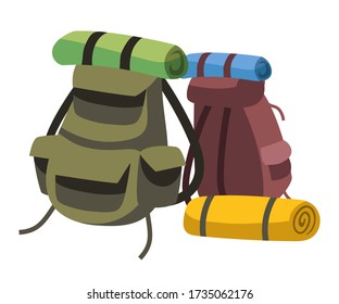 Travel backpacks isolated objects. Pair of camping bags, rolled sleeping bags or rugs. Equipment for hiking, mountaineering, expeditions. Sport, lifestyle, hobby concept. Vector illustration