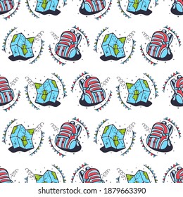 Travel backpacks and map. Seamless pattern on a white background. Cute vector illustration.