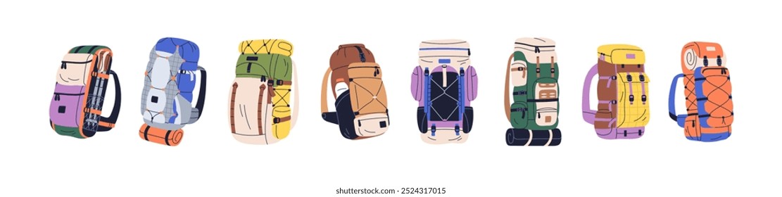 Travel backpacks set. Hiking and trekking rucksacks, tourist luggage with many pockets. Adventure equipment, bags, camping baggage, knapsack. Flat vector illustration isolated on white background