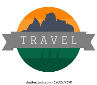 travel badge with mountains green pine trees vector illustration