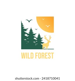 Travel badge with pine trees textured vector illustration and "Wild", animal deer vector. Forest logo design Template.

