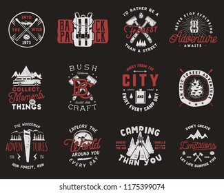 Travel Badges Set. Camping logos with hiking icons and symbols. Vintage adventure emblems collection. Included mountains, tents, forest elements. Stock vector isolated on dark background.