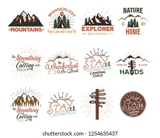 Travel badges set. VIntage hand drawn camping logos. Mountain expedition logo designs. Outdoor hike emblems, t-shirtsm prints. Camp phrases and sayings. Stock vector patches isolated on white