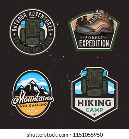 Travel badges and stickers with hike themed design elemets: hiking climbing shoe, travel backpack, mountain shapes. Dark background version