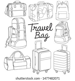 Travel bag backpack doodle style vector illustration.