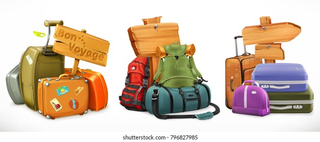 Travel. Bag, backpack, suitcase and wooden sign