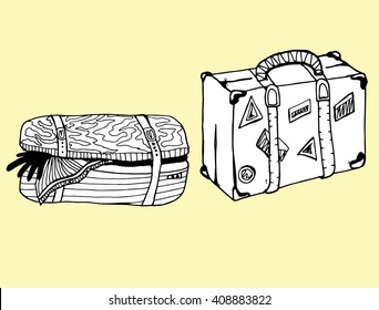 Travel bag. Baggage. Suitcase. Line art. Black and white drawing by hand. Graphic arts. Stylized. Decorative.