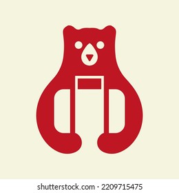 Travel Bag Bear Logo Negative Space Vector Template. Bear Holding Trophy Symbol
