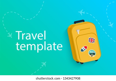 Travel bag, camera and sun hat. Concept for aircraft, travelling and trip. Trip background. Vector illustration template in flat style.