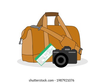 Bolsa de viaje con una cámara y una hoja de billetes sobre fondo blanco. Ilustración para viajes, viajes de negocios, vacaciones.