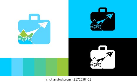 Travel bag Case with paper Plane and Island Logo Design Concept 